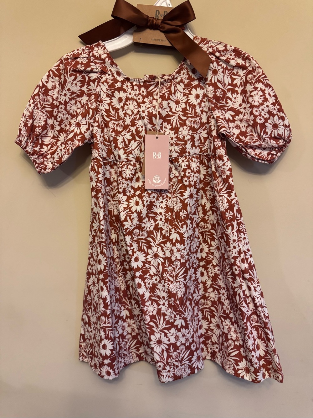 R+B Girls' Rust Floral Puff-Sleeve Dress